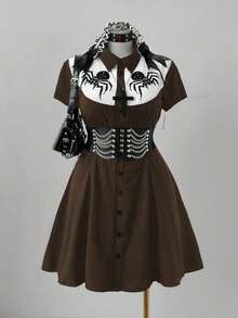 Sunspun Punk Chic Fashion Collared Casual Versatile Contrast Color Spider Print Waist Flare A-Line Dress - Brown - View 1