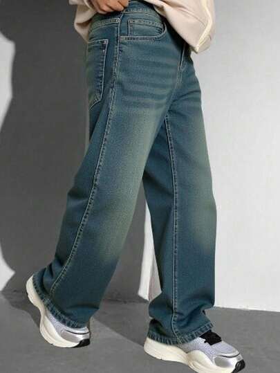 SHEIN 青少年男孩时尚休闲 Y2K 复古酷炫街头风，适合返校、大学、基础款简约可水洗设计蓝色牛仔宽松牛仔裤，柔软舒适，适合日常穿着，也适合秋冬季节的锐舞音乐节和街头潮流。