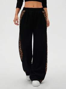 SHEIN LUNE 女式豹纹拼布休闲阔腿裤，秋冬 - 黑色 - 查看 3