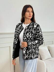 SHEIN Tall 女士冬季时尚全印花通勤夹克 - 黑色 - 查看 4