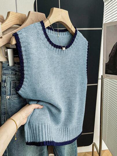 Franclia Casual Loose Crew Neck Sleeveless Knit Contrast Trim Khaki Sweater Top For Women, Spring/Autumn