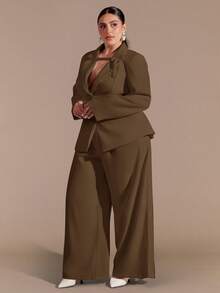 SHEIN BAE Plus Size Curve Autumn And Winter Elegant Commuter Business Party Big Woman Black Formal Waist Suit Jacket And Wide-Leg Pants Ladies Two Pieces Suit Business Casual Woman Suits For Woman Blazer Set Pants Suits For Woman Women Pants Suit Set Corporate Set Women Work Suits Woman Suit