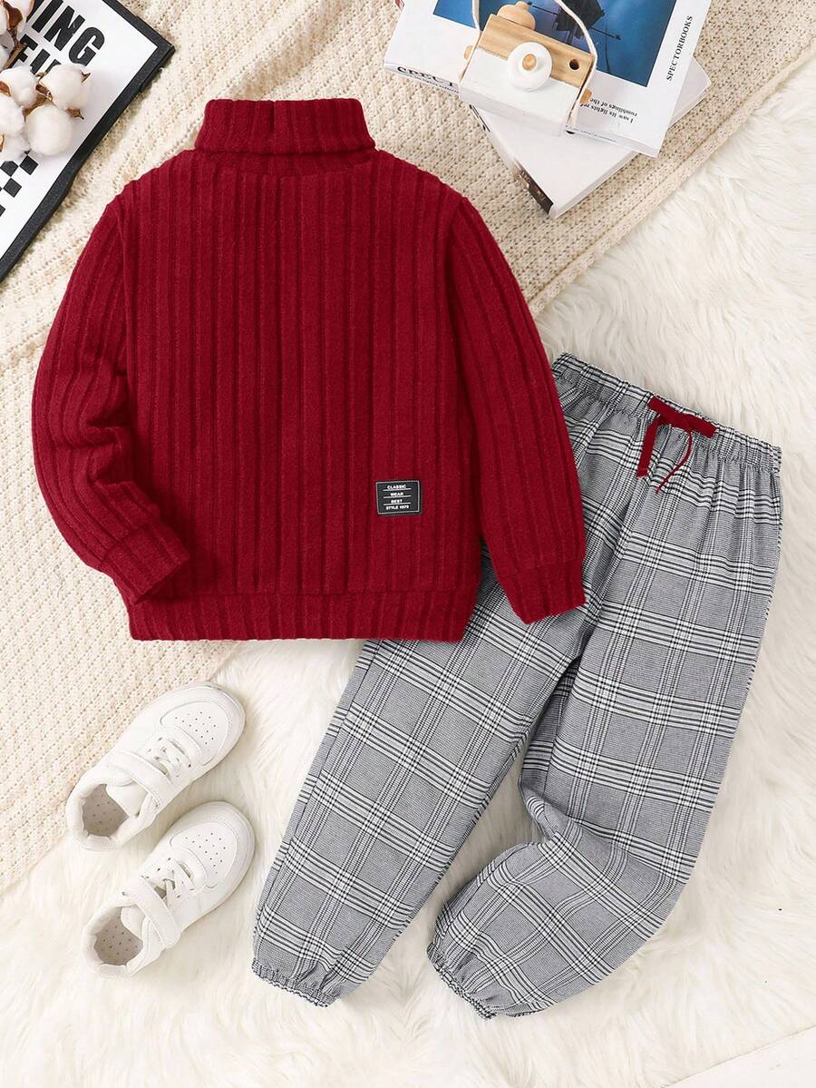 2 件套年轻男童休闲学院风舒适时尚纹理运动衫上衣和格子裤，适合开学第一天，儿童服装，小男孩服装，开学返校，男童套装，男童服装，适合日常穿着、上学、旅行、运动、秋冬季 - 紅色 - 查看 1