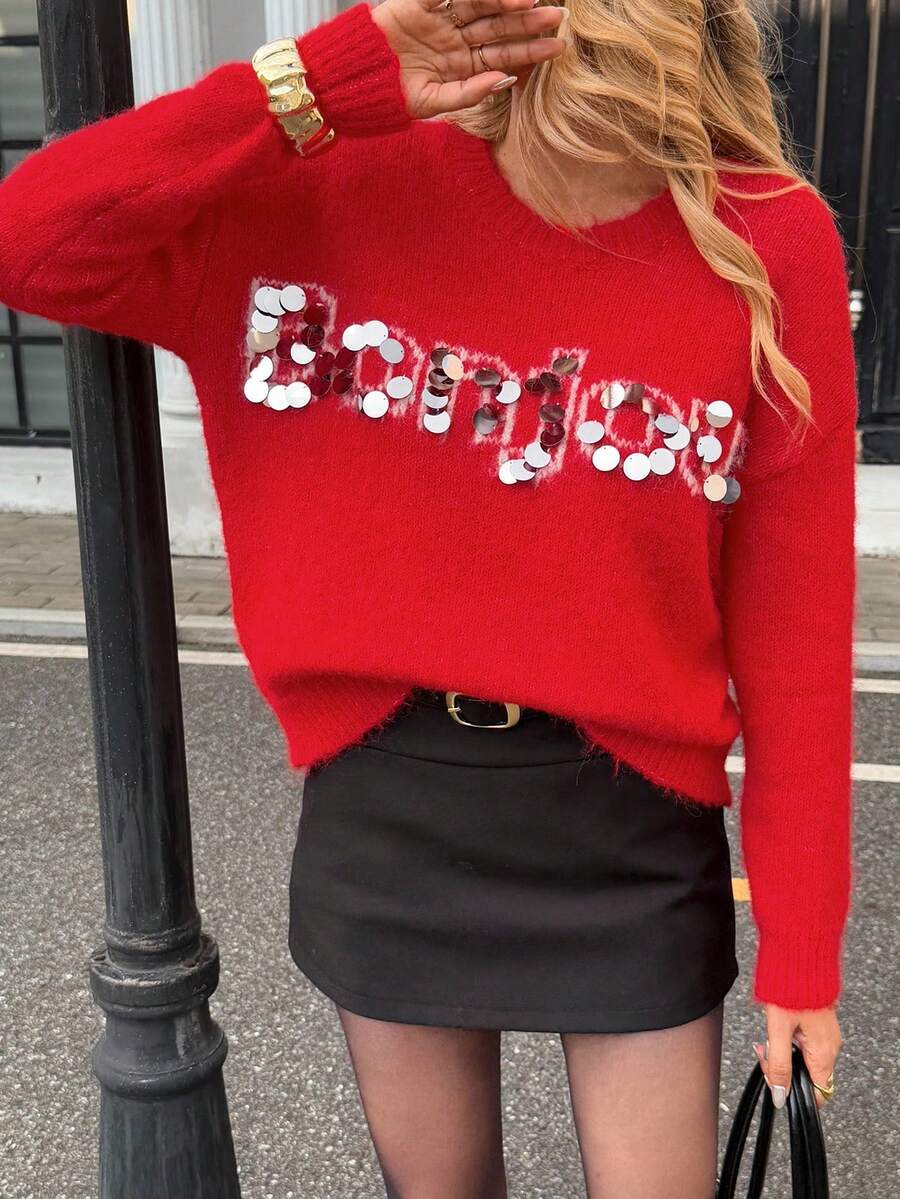 Zielony French Casual Regular Women Pullover Sweater