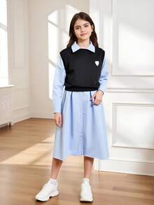 2pcs/Set Tween Girls' Collared Long Sleeve Pleated Dress & Sleeveless Heart Print Vest - Blue - View 1