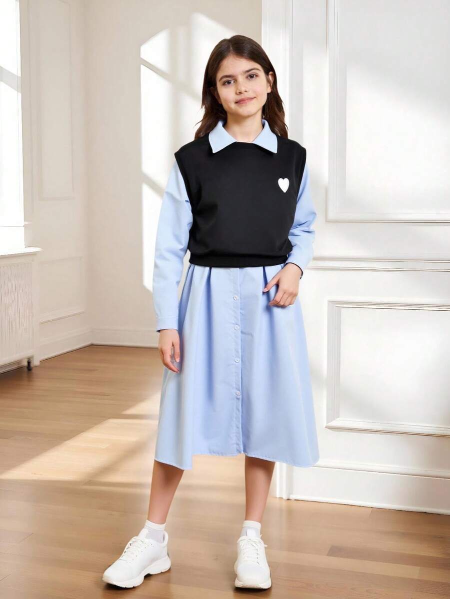 2pcs/Set Tween Girls' Collared Long Sleeve Pleated Dress & Sleeveless Heart Print Vest - Blue - View 1