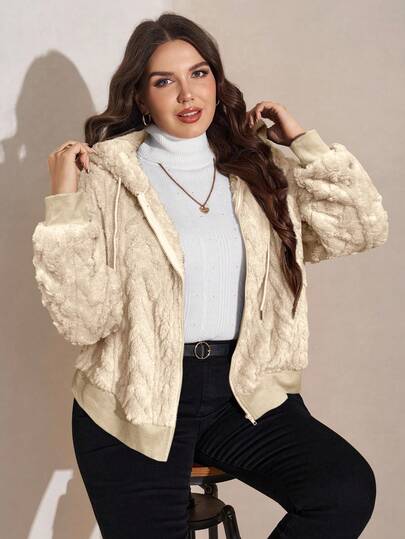 SHEIN CURVE+ Ropa de invierno Talla grande Chaqueta acolchada con capucha de forro polar doble extra gruesa para otoño e invierno para mujeres. Chaqueta reversible con estampado geométrico de forro polar para vacaciones/otoño/invierno