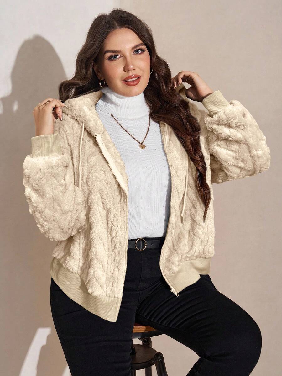 SHEIN CURVE+ Vêtements d'hiver grande taille Automne et hiver Super épais double polaire Veste matelassée à capuche chaude Femmes Motif géométrique réversible à capuche en polaire Vacances/Automne/Hiver - Nude - Voir 1
