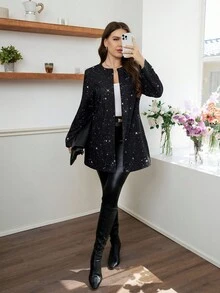 SHEIN LUNE 大码休闲开襟长袖修身时尚外套，冬季派对亮片装饰，时尚日常穿着，办公穿着，复古富贵，日常休闲度假长袖V领单排扣休闲口袋外套，2025新款 - 黑色 - 查看 4