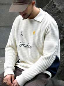 Manfinity CasualKnits 男士撞色针织长袖Polo领毛衣刺绣套头衫，秋冬款 - 杏色 - 查看 2