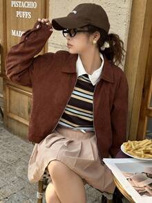 1pc Teen GirlMetal Zipper Collar Long Sleeve Lightweight Jacket, Casual Versatile For Outings, School And More