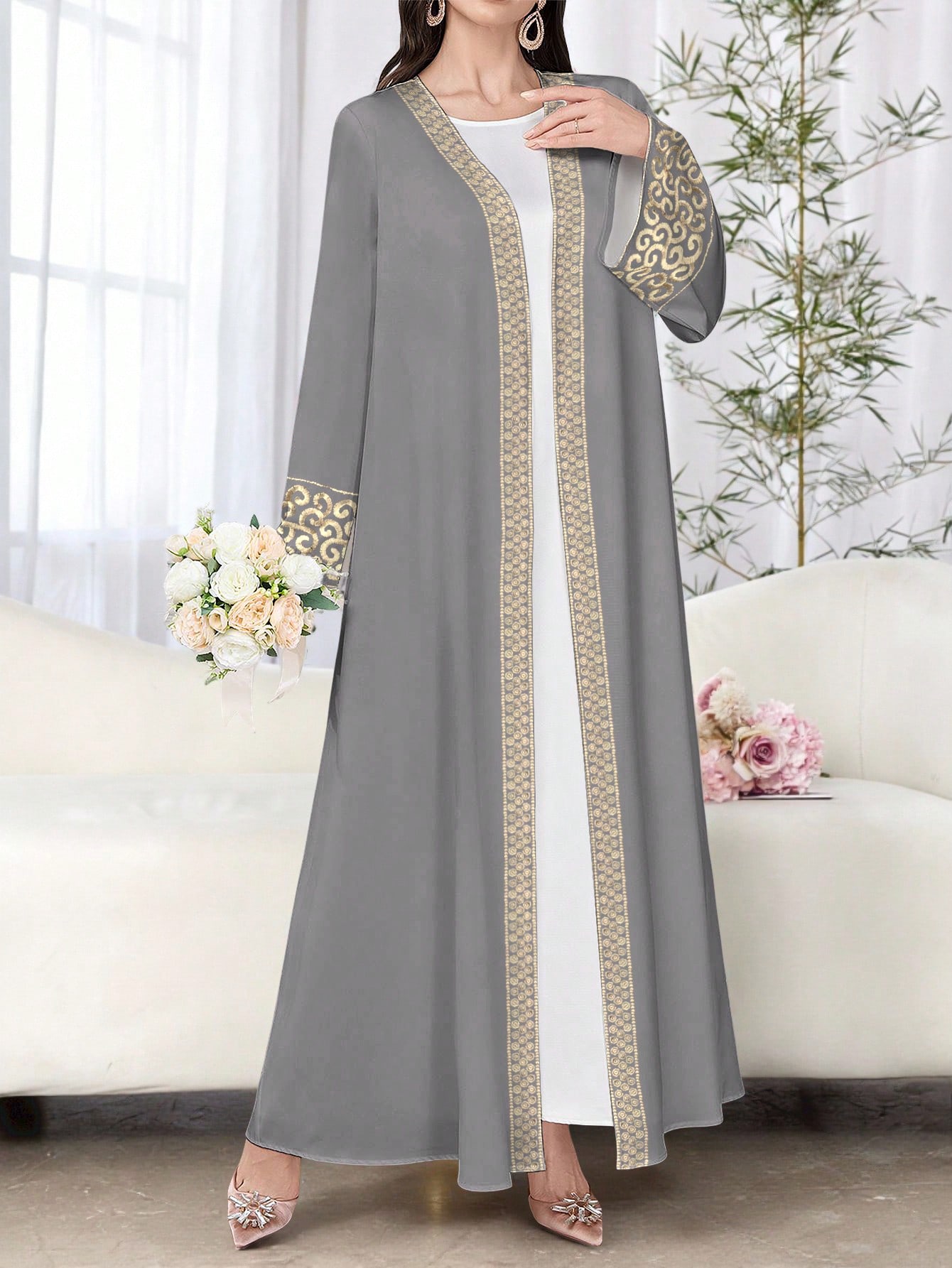 SHEIN Najma عباءة أنثوية طويلة الأكمام بطبعات زهري...