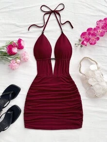 Soleia Váy ngắn hở lưng buộc dây cổ chữ V sâu gợi cảm dành cho nữ, dáng ôm sát, thích hợp cho tiệc tùng, hẹn hò, trà chiều, kỳ nghỉ hè trên bãi biển gợi cảm và thời trang - Màu Đỏ Sâu - Xem 5