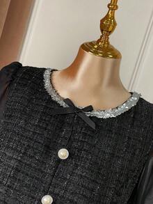 SHEIN Clasi Christmas Plus Size Women Black Autumn Elegant Formal Evening Vintage French Chic Sequins Ribbon Bowknot Button Knee-Length Dress,Halloween Costume - Black - View 6