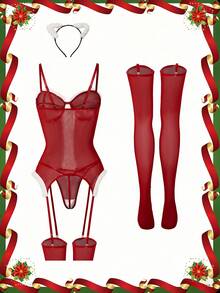 4件套复古网纱连体衣和吊袜带裙圣诞节女装，时尚秋季款 - 紅色 - 查看 2