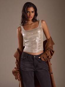 SHEIN Glamour Women's Shiny Fabric Streetwear Casual Sexy Fitted Camisole Tank Top, Suitable For Nightclub Party And Daily Wear Cowboy Rave Crop Top - Khaki - View 7