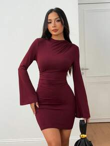 SHEIN PETITE 女款優雅酒紅色高領百褶修身緊身迷你洋裝，秋季晚餐約會長袖喇叭袖聖誕派對紅洋裝，適合嬌小女性 - 酒紅色 - 查看 8