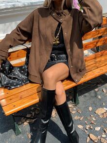 Livesso Áo khoác nữ tay dài trễ vai màu trơn có khóa kéo thường ngày, mùa thu - Cà phê nâu - Xem 5