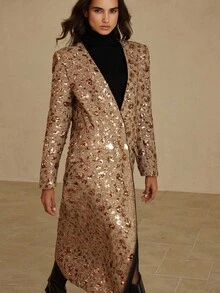 BELROSIE Cappotto lungo da donna con scollo a V, doppiopetto, decorato con bottoni in metallo, in colori marrone e oro, con paillettes, adatto per l'autunno/inverno - Champagne - Visualizzare 5