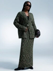 Aveloria Affinna Autumn/Winter New Mixed Polka Dot Mesh Olive Green V-Neck Metal Asymmetrical Buckle Loose Cardigan With Long Skirt, Casual Matching Soft Women Sweater 2 Pieces Set - Green - View 5