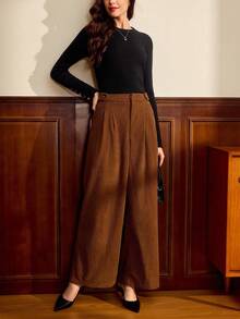 Vintamour 复古经典优雅女裤，高腰纽扣门襟口袋灯芯绒长裤，咖啡色，秋冬，时尚女士裤子秋装女士冬装棕色裤子商务休闲女装 - 咖啡棕 - 查看 7