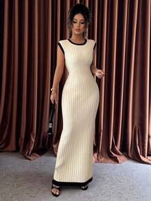 SHEIN Frenchy 女式圆领撞色饰边毛衣裙，舒适针织连衣裙，撞色宽罗纹，罗纹长裙，长款紧身连衣裙，紧身长裙，修身长裙，秋冬 - 杏色 - 查看 6