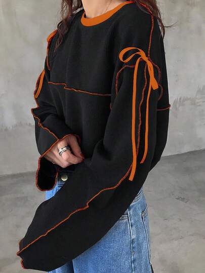 FRIFUL レディース オーバーサイズ ラウンドネック コントラストカラー リボン Tシャツ 長袖トップス