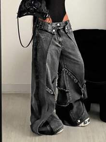 StreetHx Women's Low Waist Frayed Design Wide Leg Loose Casual Jeans - Grey - View 6
