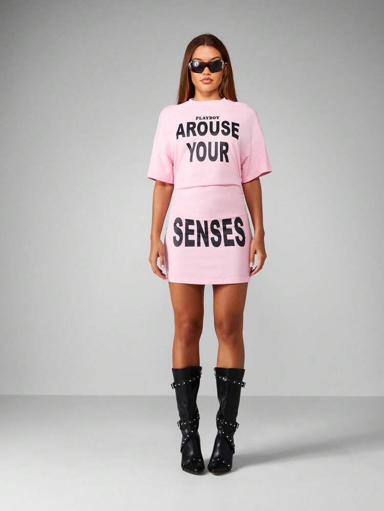 Missguided x Playboy Crew Neck Short Sleeve Mini Dress With Bold Text Print Casual Summer Streetwear