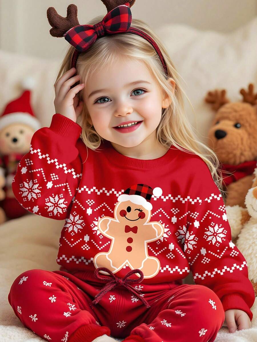 SHEIN Süßer Weihnachts-Fair-Isle-Karomuster Weihnachtsmann Mütze, Lebkuchenmann & Schneeflocken Muster Baby Mädchen Lässig Minimalistisch Dicke Weiche Bequeme Locker Rundhals Langarm Kapuzenpullover, geeignet für Herbst/Winter Alltag, Weihnachtsparty, Straßenmode, Zuhause