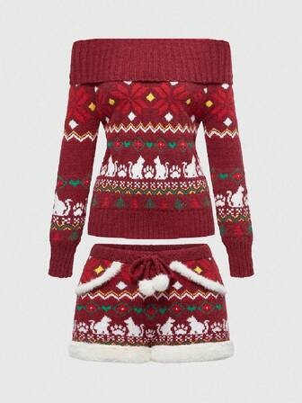 ROMWE Avant Ensemble 2 pièces pull à épaules dénudées à motif de flocons de neige Fair Isle et short en tricot pour femmes, automne/hiver