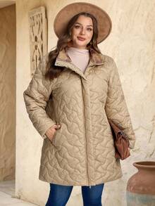 EMERY ROSE Plus Size Women Winter  Casual Solid Color Zip-Up  Plaid Patchwork Khaki Padded  WarmCoat, Stand Collar With Pockets, Autumn/Winter,Going Out Outfits,2025 New Clothes,Simple And Fashionable For Everyday Wear - Khaki - View 5