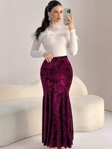 Modelyn 优雅修身喇叭天鹅绒裙，红色，适合秋冬外出 - 紅色 - 查看 6