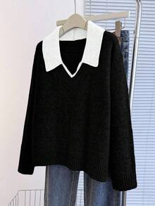 Franclia V-Neck 2 In 1 Long Sleeve Sweater, Autumn/Winter - Black - View 5