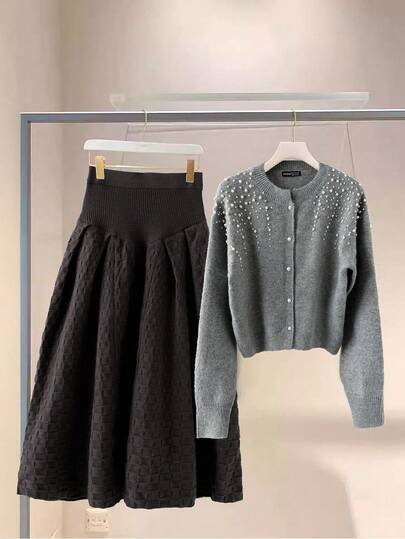 GlowEve 女式仿珍珠装饰纽扣前长袖上衣和裙子毛衣套装