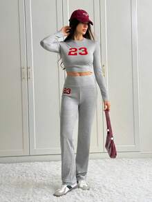 SHEIN Tall Set de 2 piezas Chándal de talla grande con cuello redondo, manga larga y estampado gráfico, color gris, para otoño/invierno