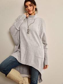 Freevana 大码纯色高领不对称下摆长袖套头衫 - 卡其色 - 查看 6