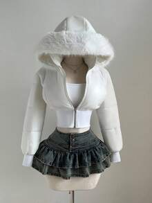 Elamini 女士时尚杏色拼接短款皮草连帽收腰立领长袖短款棉服外套，适合秋冬季 - 白色 - 查看 5