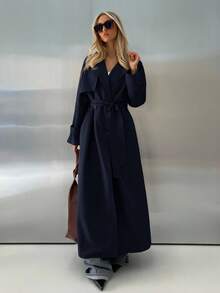 Aloruh Fashionable & Versatile Solid Color Long Trench Coat, Suitable For Commuting, Autumn/Winter - Navy Blue - View 8