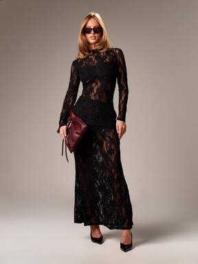 AiiRZ Sukienka maxi z długim rękawem, koronką, haftem kwiatowym, wieczorową sukienką, wysokim dekoltem, podszewką, elegancką, jesienną sukienką weselną o pełnej długości