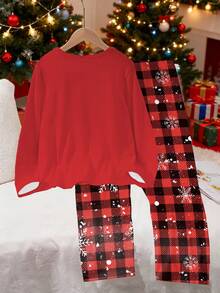 SHEIN 少女圣诞快乐帽子印花和格子雪花图案针织柔软长袖上衣和裤子宽松两件套睡衣套装 - 紅色 - 查看 2