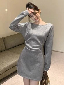 DAZY Đầm dự tiệc tay dài hở lưng màu trơn, ôm eo, trang trí nơ, thanh lịch dành cho nữ, mùa thu/đông - Xám - Xem 3