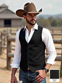 Manfinity Nomadique Men's Solid Black Single-Breasted Casual Business Vest Men's Black V Neck Sleeveless Striped Vest Formal Business Regular Fit Woven Fabric Waistcoat With Pockets Daily Leisure, Weekend Trips, Outdoor Activities, Travel Expeditions, Relaxed Work Environments Or Semi-Formal Occasions,Boyfriend/Husband Gift, Anniversary Gift