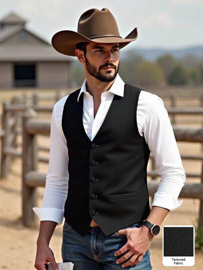 Manfinity Nomadique Men's Solid Black Single-Breasted Casual Business Vest Men's Black V Neck Sleeveless Striped Vest Formal Business Regular Fit Woven Fabric Waistcoat With Pockets Daily Leisure, Weekend Trips, Outdoor Activities, Travel Expeditions, Relaxed Work Environments Or Semi-Formal Occasions,Boyfriend/Husband Gift, Anniversary Gift