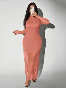 Viva Relle Plus Size Knitted Mesh Sexy Spaghetti Strap High Neck Sheer 2 Pieces Set