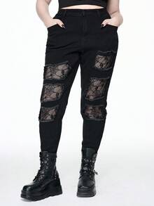 ROMWE Goth Vintage Washed Black Versatile High Stretch Spider Web Hollow Out Design Skinny Slim Fit Jeans - Black - View 3