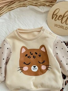 SHEIN 新生女婴可爱卡通图案针织长袖卫衣裤子套装，秋冬 - 杏色 - 查看 6