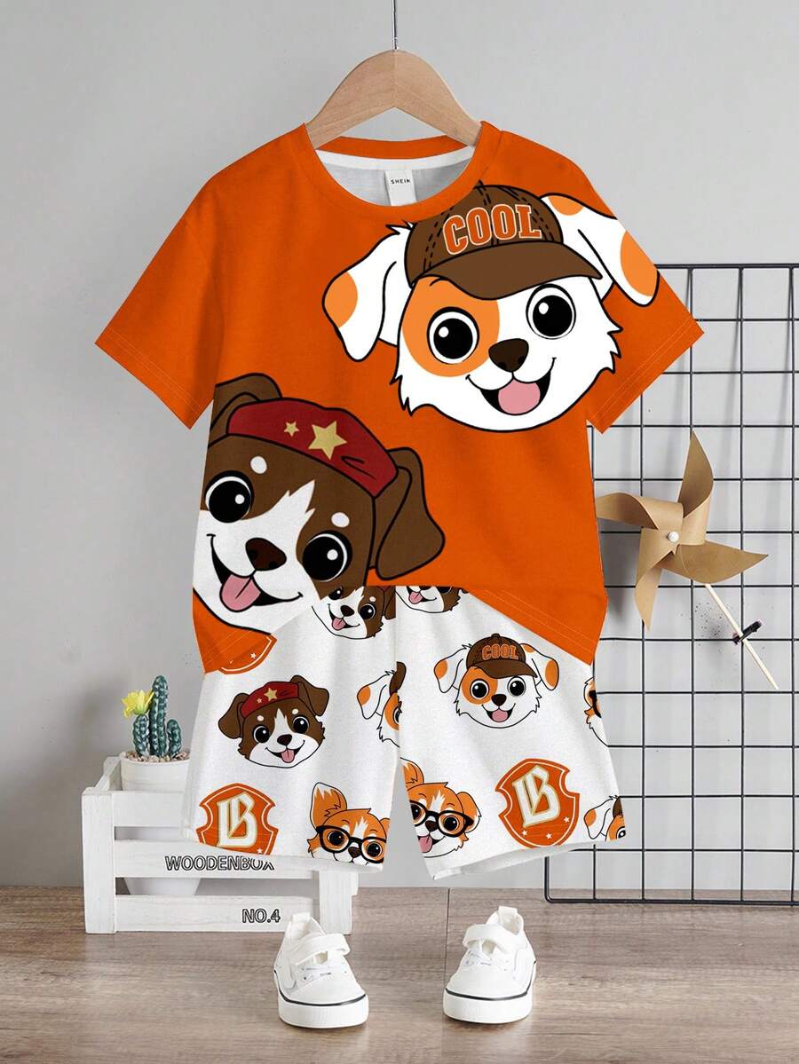 SHEIN PUPPIES,儿童精选系列,日常基本款,快乐的孩子,适合孩子的柔和色彩,Bikercore,家庭旅行,快乐的日子,我爱妈妈,我爱爸爸,可爱的家,酷酷的孩子,男婴2件套休闲圆领短袖T恤和短裤,适合夏季 - 彩色 - 查看 1