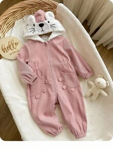 SHEIN 新生女宝宝灯芯绒连体衣，百搭粉色，秋冬季 - 粉色 - 查看 9