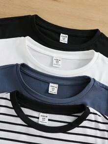 SHEIN 青少年男童休闲条纹骑士图案长袖T恤 - 霧霾藍 - 查看 4